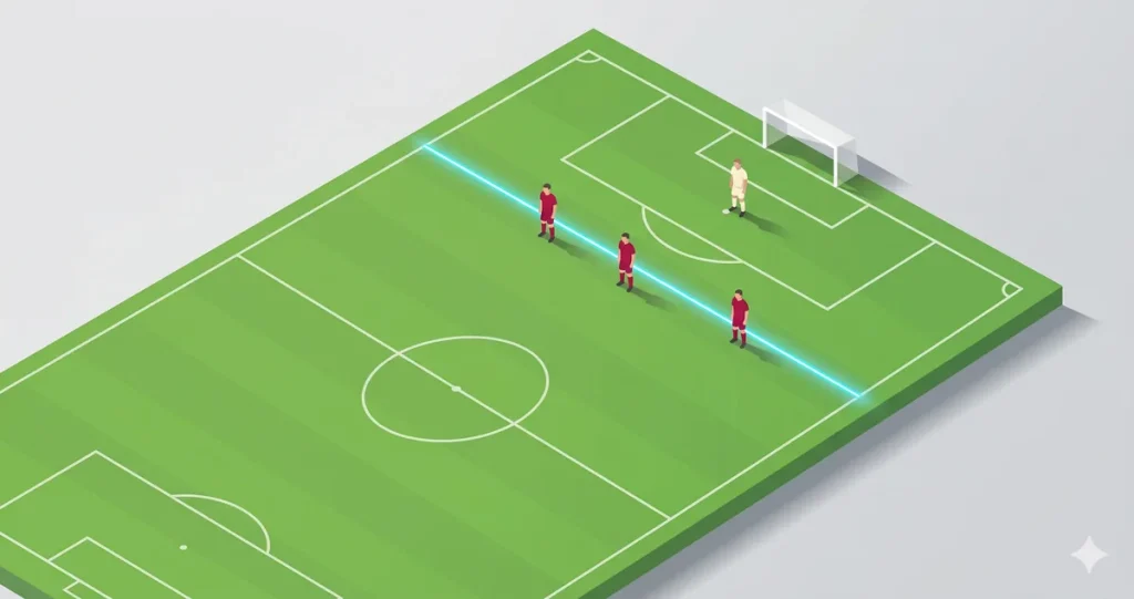 Ofsayt nedir konusunu anlatan izometrik futbol sahası ve ofsayt çizgisi illüstrasyonu